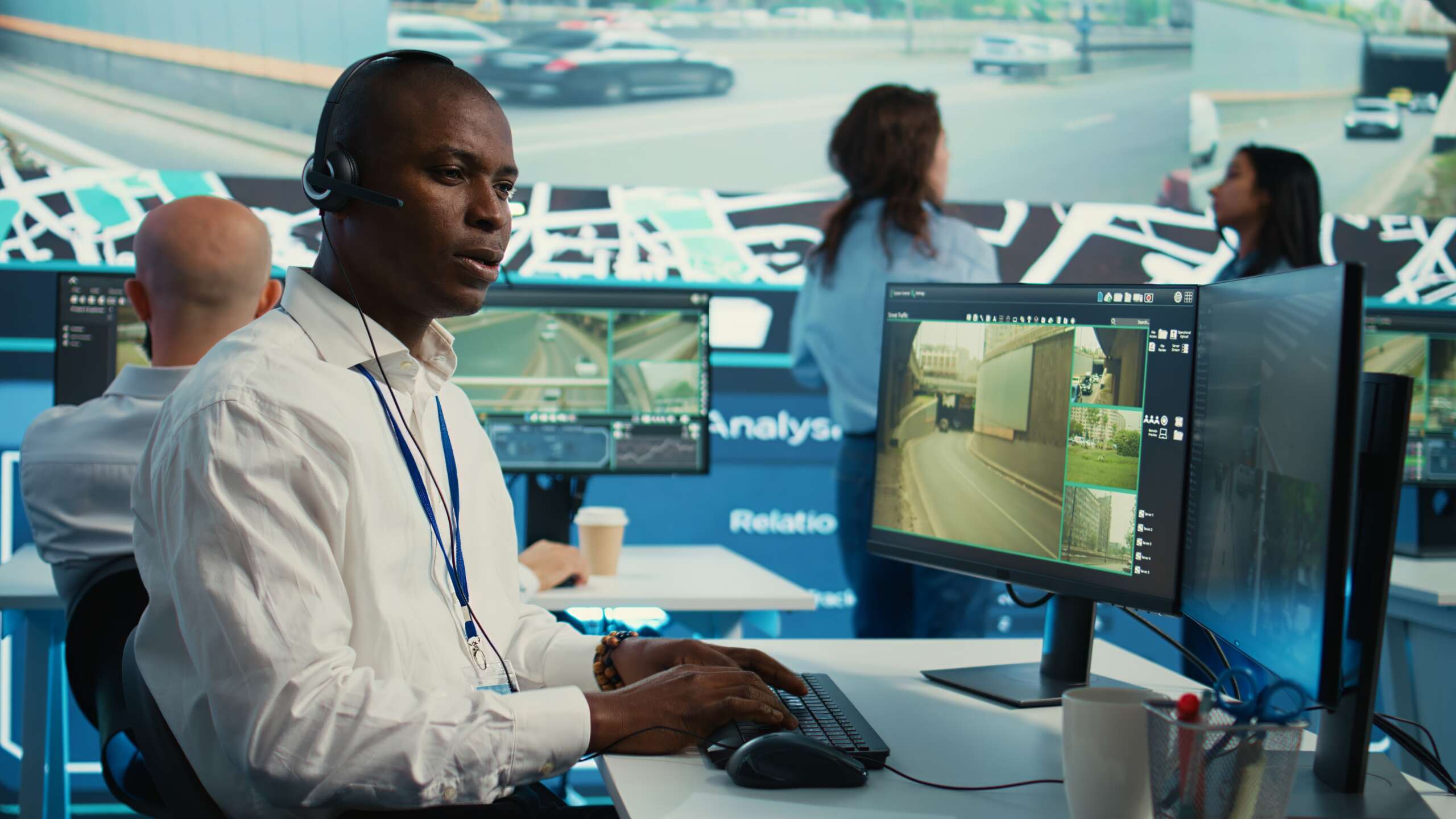 African american dispatch operator gives directions and gps coordinates African american dispatch operator gives directions and gps coordinates of the location to the delivery truck driver, following the orders on satellite map. Employee monitors traffic. Camera B.
